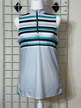 PGA Tour Sleeveless Zip-Front Tank Top in Silver, Teal & Black